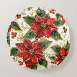 Rode poinsettia en Holly kerstvakantie winter Rond Kussen
