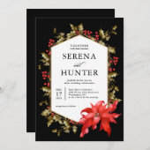 Rode Poinsettia en Hulst Winter Bruiloft Kaart (Voorkant / Achterkant)