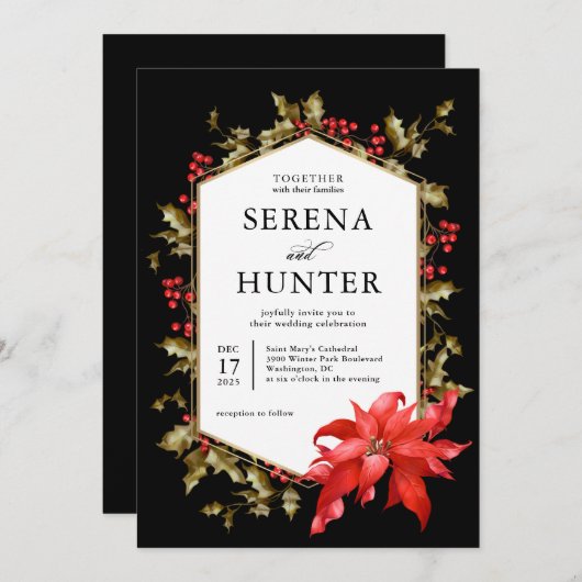 Rode Poinsettia en Hulst Winter Bruiloft Kaart (Voorkant / Achterkant)