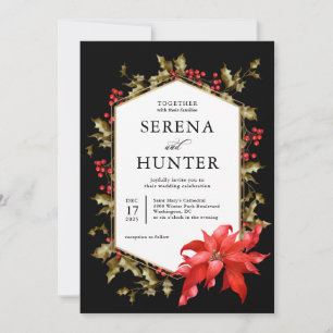 Rode Poinsettia en Hulst Winter Huwelijk Kaart