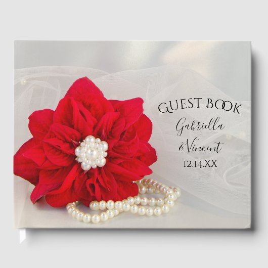 Rode Poinsettia en parelwinterweddenschappen Gastenboek (Voorkant)