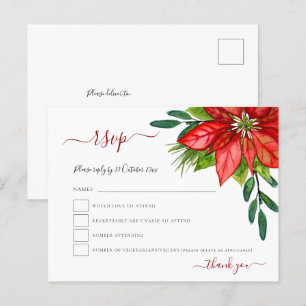 Rode Poinsettia Foliage Kerstmis Bruiloft RSVP Uitnodiging Briefkaart