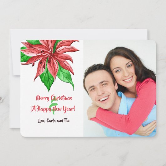 Rode Poinsettia Foto Kerstkaart (Voorkant)