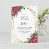Rode Poinsettia Gouden Glitter Kerstmis Bruiloft Kaart (Staand voorkant)
