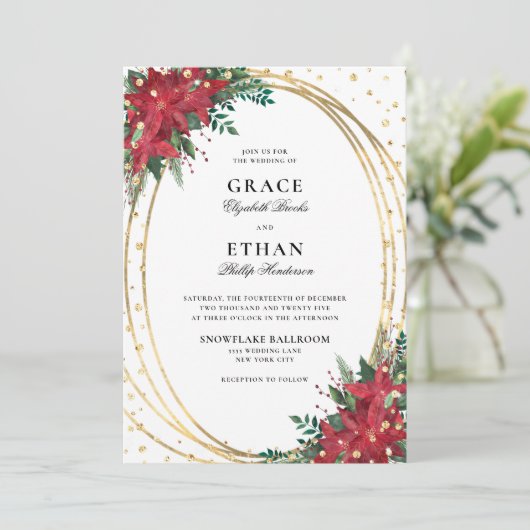 Rode Poinsettia Gouden Glitter Kerstmis Bruiloft Kaart (Staand voorkant)