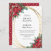 Rode Poinsettia Gouden Glitter Kerstmis Bruiloft Kaart (Voorkant / Achterkant)