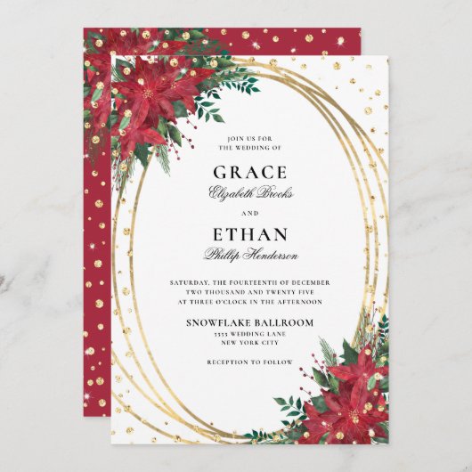 Rode Poinsettia Gouden Glitter Kerstmis Bruiloft Kaart (Voorkant / Achterkant)