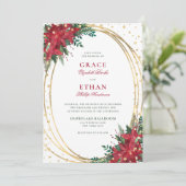 Rode Poinsettia Gouden Glitter Kerstmis Bruiloft Kaart (Staand voorkant)