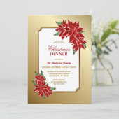 Rode Poinsettia Gouden Rand Kerstdiner Kaart (Staand voorkant)
