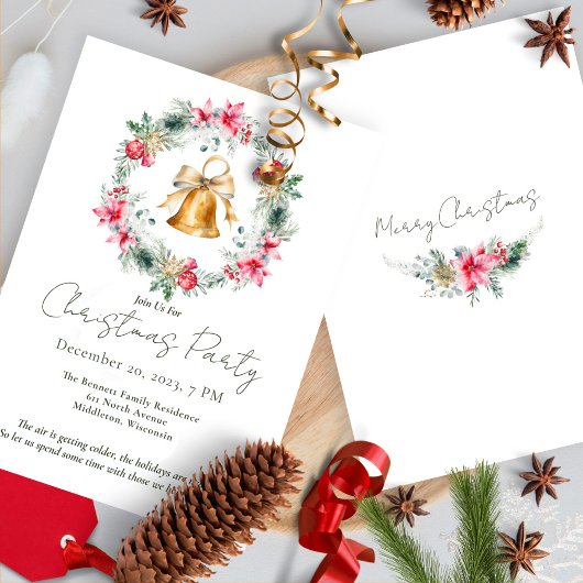 Rode Poinsettia Gouden Sneeuwvlokken Kerstkrans Kaart