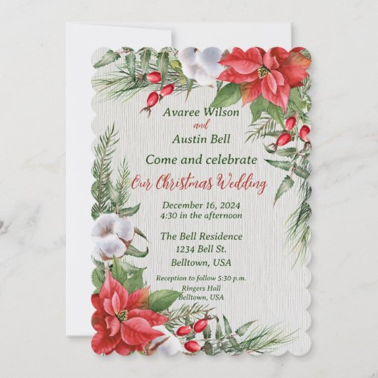 Rode Poinsettia Green verlaat kerstbruiloft Kaart (Voorkant)