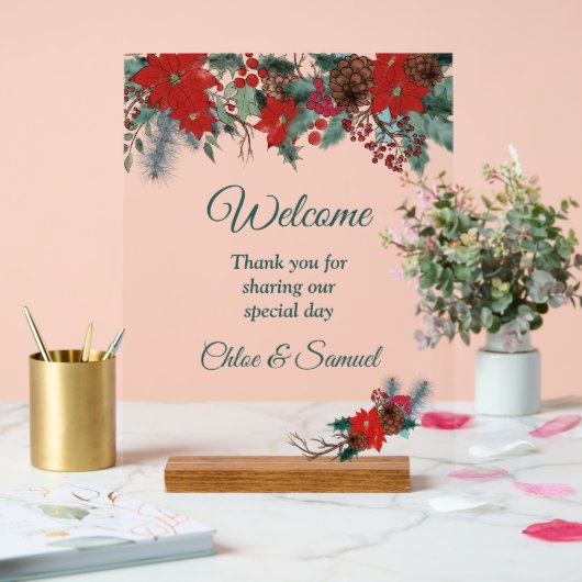 Rode Poinsettia grens bruiloft Welkom # 2 Acryl Bord (Huwelijk)