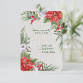 Rode Poinsettia Groene Bladeren Huwelijk RSVP Kaartje (Staand voorkant)