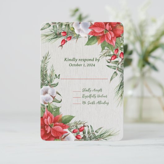 Rode Poinsettia Groene Bladeren Huwelijk RSVP Kaartje (Staand voorkant)