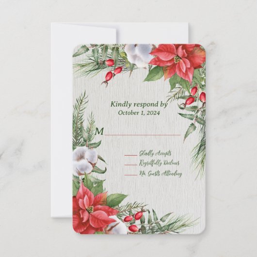 Rode Poinsettia Groene Bladeren Huwelijk RSVP Kaartje (Voorkant)