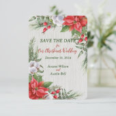 Rode Poinsettia Groene Bladeren Kerst Huwelijk Save The Date (Staand voorkant)
