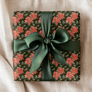 Rode Poinsettia Groene Kerst Bloem Motief Cadeaupapier