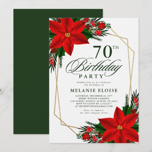Rode Poinsettia Groene Kerst Verjaardag Kaart (Voorkant / Achterkant)