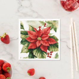 Rode Poinsettia Holly Berries Kerstvakantie Servet