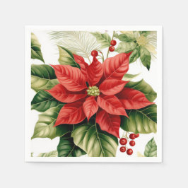 Rode Poinsettia Holly Berries Kerstvakantie Servet