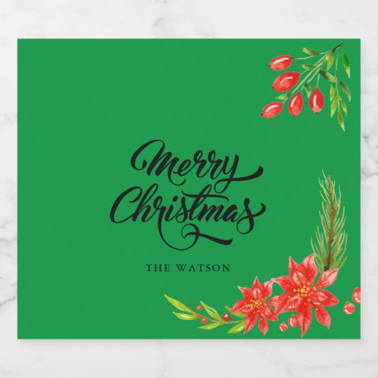 Rode Poinsettia Holly Berry Bloemen Vakantie Champ Sparkling Wijnetiket (Enkel label)