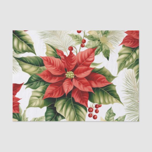 Rode Poinsettia Holly Berry Feestelijke Kerstmis Tissuepapier (Voorkant)