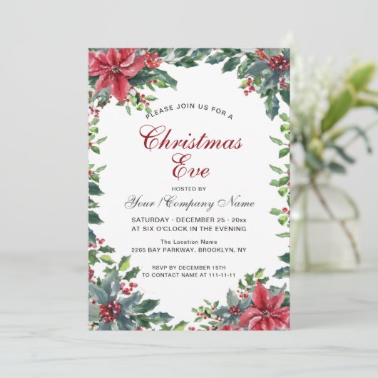 Rode Poinsettia & Holly Berry krans kerstavond Kaart (Staand voorkant)