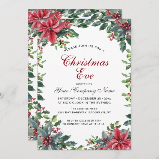 Rode Poinsettia & Holly Berry krans kerstavond Kaart (Voorkant / Achterkant)