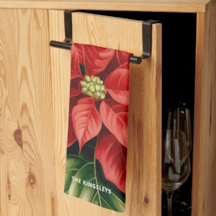 Rode Poinsettia Holly Kerstmis Bloemen gepersonali Theedoek