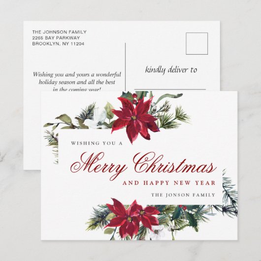 Rode Poinsettia Holly Kerstmis Groet Vakantie Briefkaart (Voorkant / Achterkant)