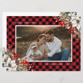 Rode Poinsettia Hulst Bessen Foto Kerstmis Feestdagenkaart (Voorkant / Achterkant)