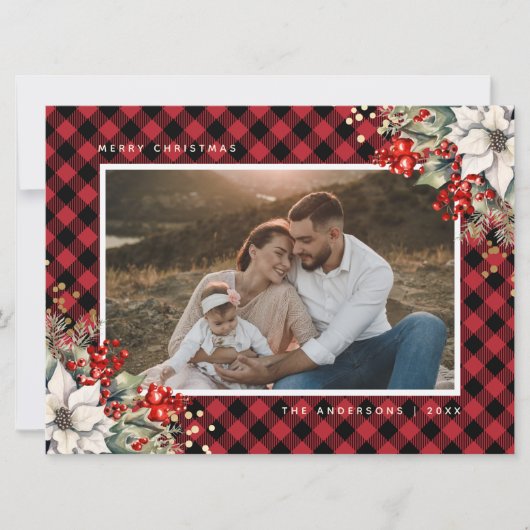 Rode Poinsettia Hulst Bessen Foto Kerstmis Feestdagenkaart (Voorkant)