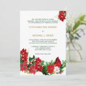 Rode Poinsettia Kardinaal Kerstbruiloft Uitnodigin Kaart (Staand voorkant)