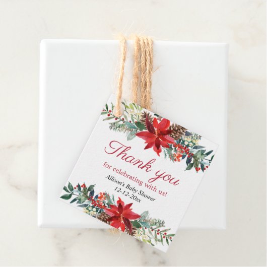 Rode Poinsettia Kerst baby shower Favor Labels (In situ)