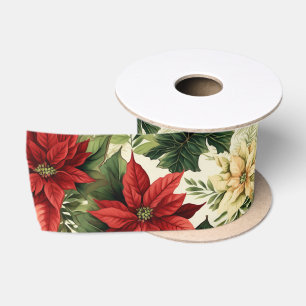 Rode Poinsettia Kerst Bloem Waterverf Satijnen Lint