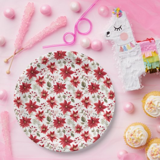 Rode poinsettia Kerst Bloemen Bessen Vakantie Papieren Bordje (Feest)