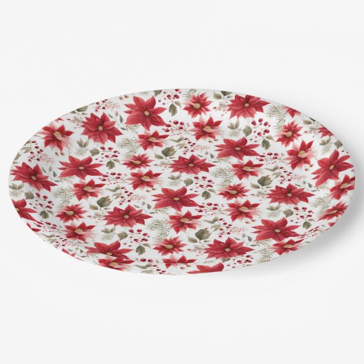 Rode poinsettia Kerst Bloemen Bessen Vakantie Papieren Bordje (Gekanteld)