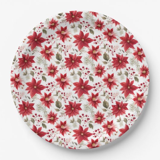 Rode poinsettia Kerst Bloemen Bessen Vakantie Papieren Bordje (Voorkant)