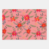 Rode Poinsettia Kerst Bloemen Inpakpapier Vel (Voorkant 3)