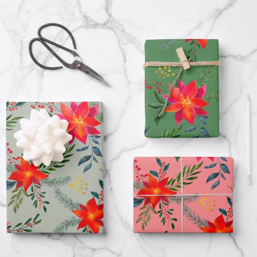 Rode Poinsettia Kerst Bloemen Inpakpapier Vel (Voorkant)