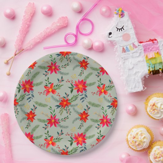 Rode Poinsettia Kerst Bloemen Papieren Bordje (Feest)