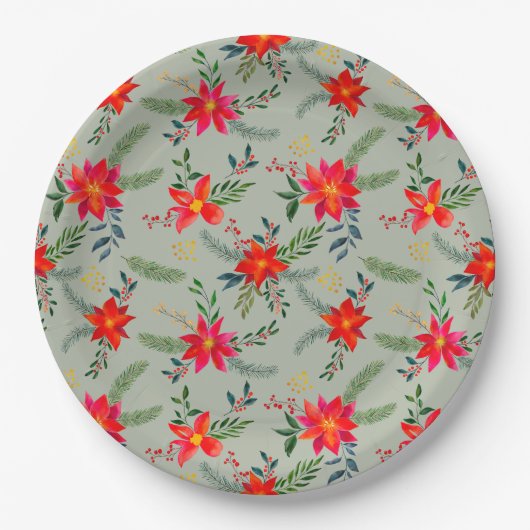 Rode Poinsettia Kerst Bloemen Papieren Bordje (Voorkant)