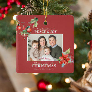 Rode Poinsettia Kerst Familie Foto Keramisch Ornament