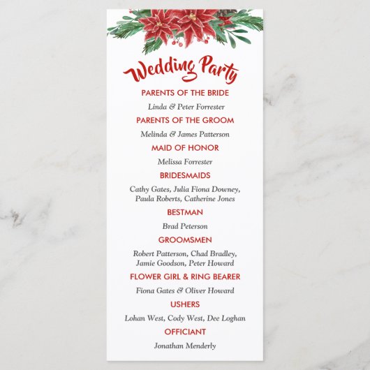 Rode Poinsettia Kerst Huwelijksprogramma Programmakaart (Achterkant)