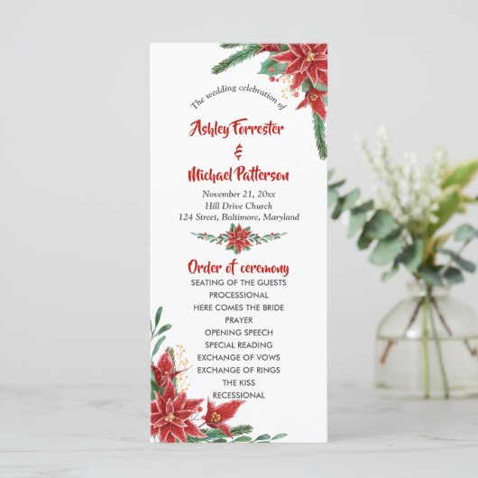 Rode Poinsettia Kerst Huwelijksprogramma Programmakaart (Staand voorkant)