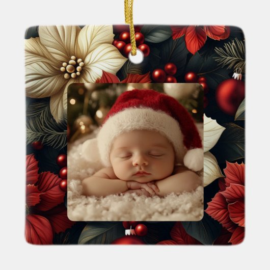 Rode Poinsettia Kerst Keepsake Keramisch Ornament (Voorkant)