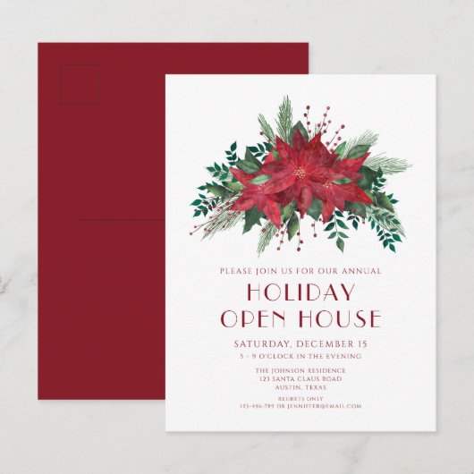 Rode Poinsettia Kerst Open Huis Uitnodiging (Voorkant / Achterkant)