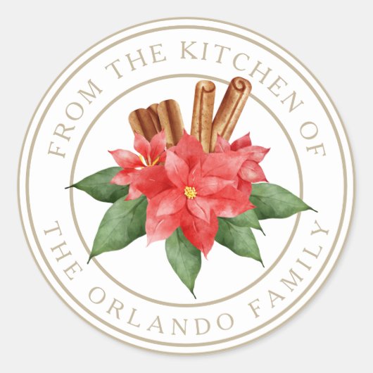 Rode poinsettia kerst uit de keuken wit ronde sticker (Voorkant)