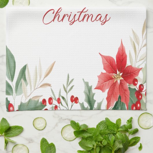 Rode Poinsettia Kerst Vakantie Keuken Handdoek (Gevouwen)