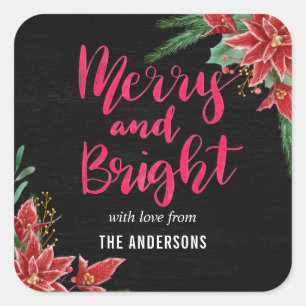 Rode Poinsettia Kerst Vrolijk en Heldere Vakantie Vierkante Sticker